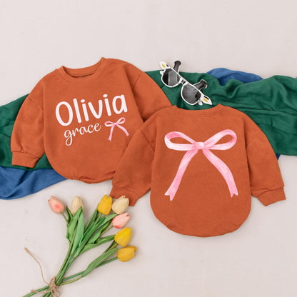 Personalized Name Baby Girl Bubble Romper Pink Bow Birthday Outfit Sweet Girl Bodysuit Custom Baby Shower Gift
