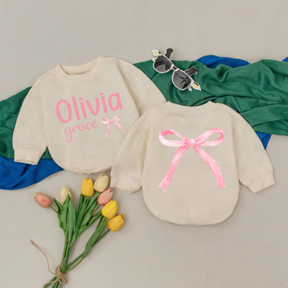 Personalized Name Baby Girl Bubble Romper Pink Bow Birthday Outfit Sweet Girl Bodysuit Custom Baby Shower Gift