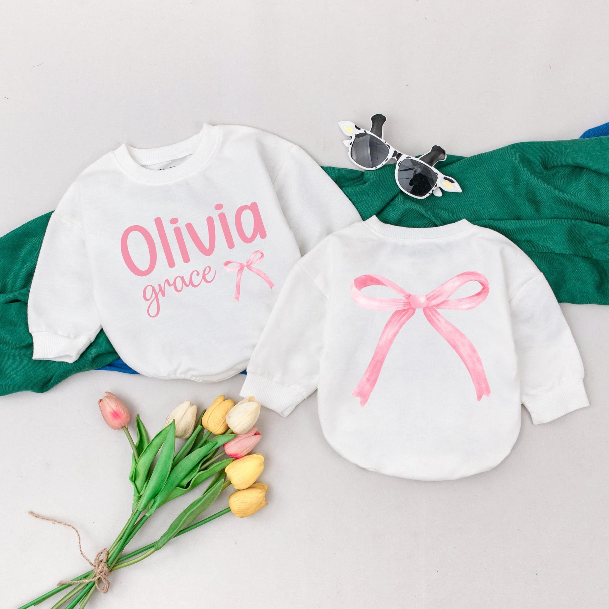 Personalized Name Baby Girl Bubble Romper Pink Bow Birthday Outfit Sweet Girl Bodysuit Custom Baby Shower Gift