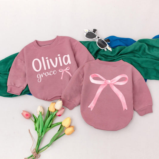 Personalized Name Baby Girl Bubble Romper Pink Bow Birthday Outfit Sweet Girl Bodysuit Custom Baby Shower Gift