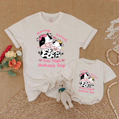 Personalized Pink Cow Mommy and Me Matching Shirts Our First Mother's Day Together Outfit Adorable Farm Animal Mama Baby Gift