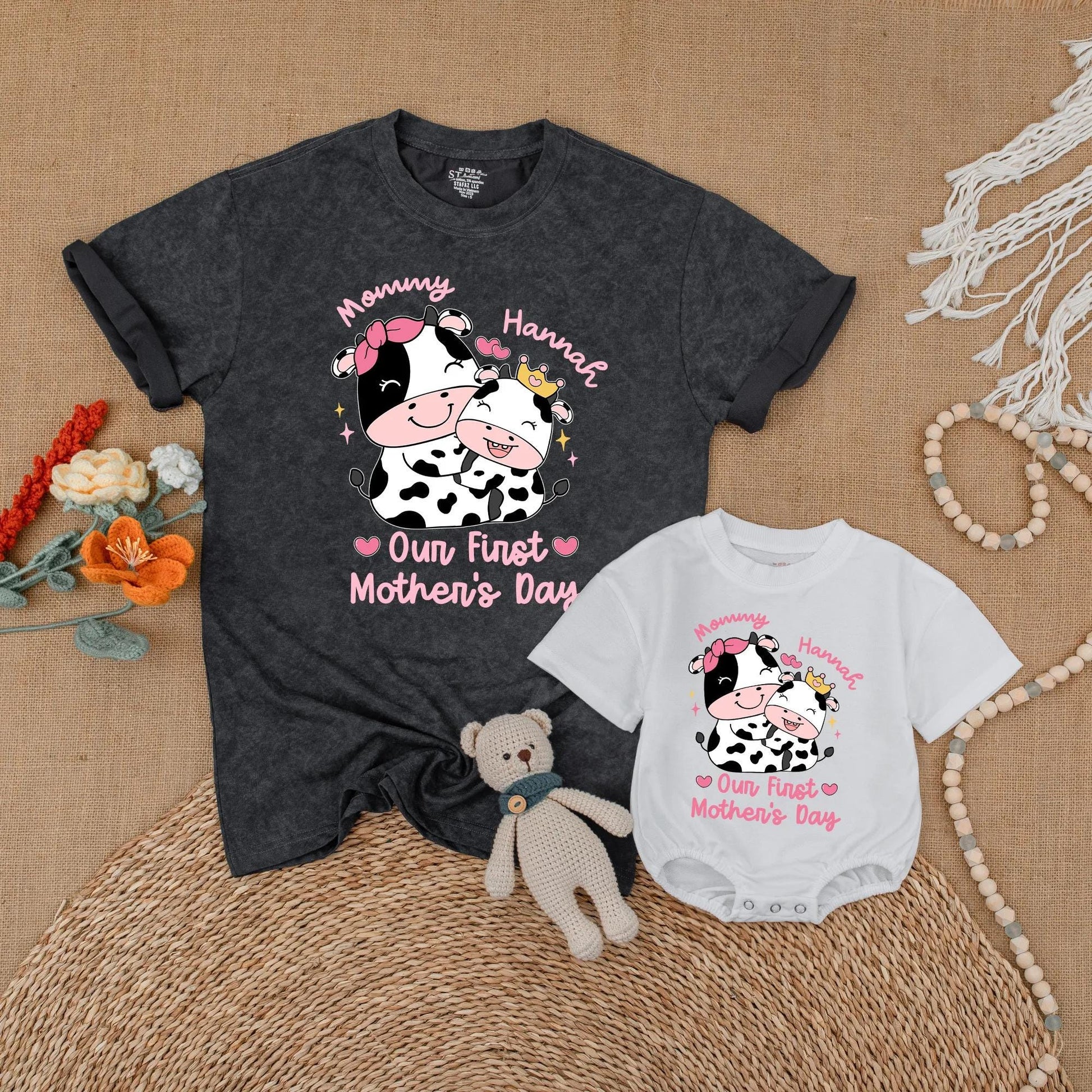 Personalized Pink Cow Mommy and Me Matching Shirts Our First Mother's Day Together Outfit Adorable Farm Animal Mama Baby Gift