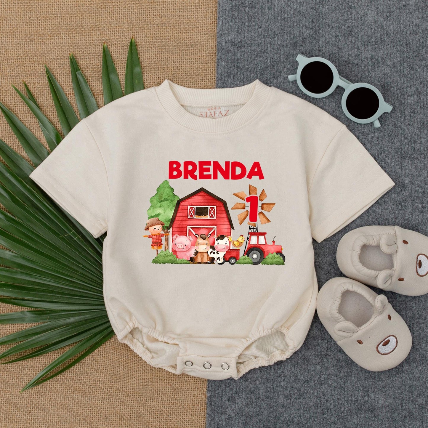 Personalized Farm Theme 1st Birthday Bubble Romper for Baby Boy with Name, Funny Farm Animal T-Shirt Bodysuit Soft Cotton Gift