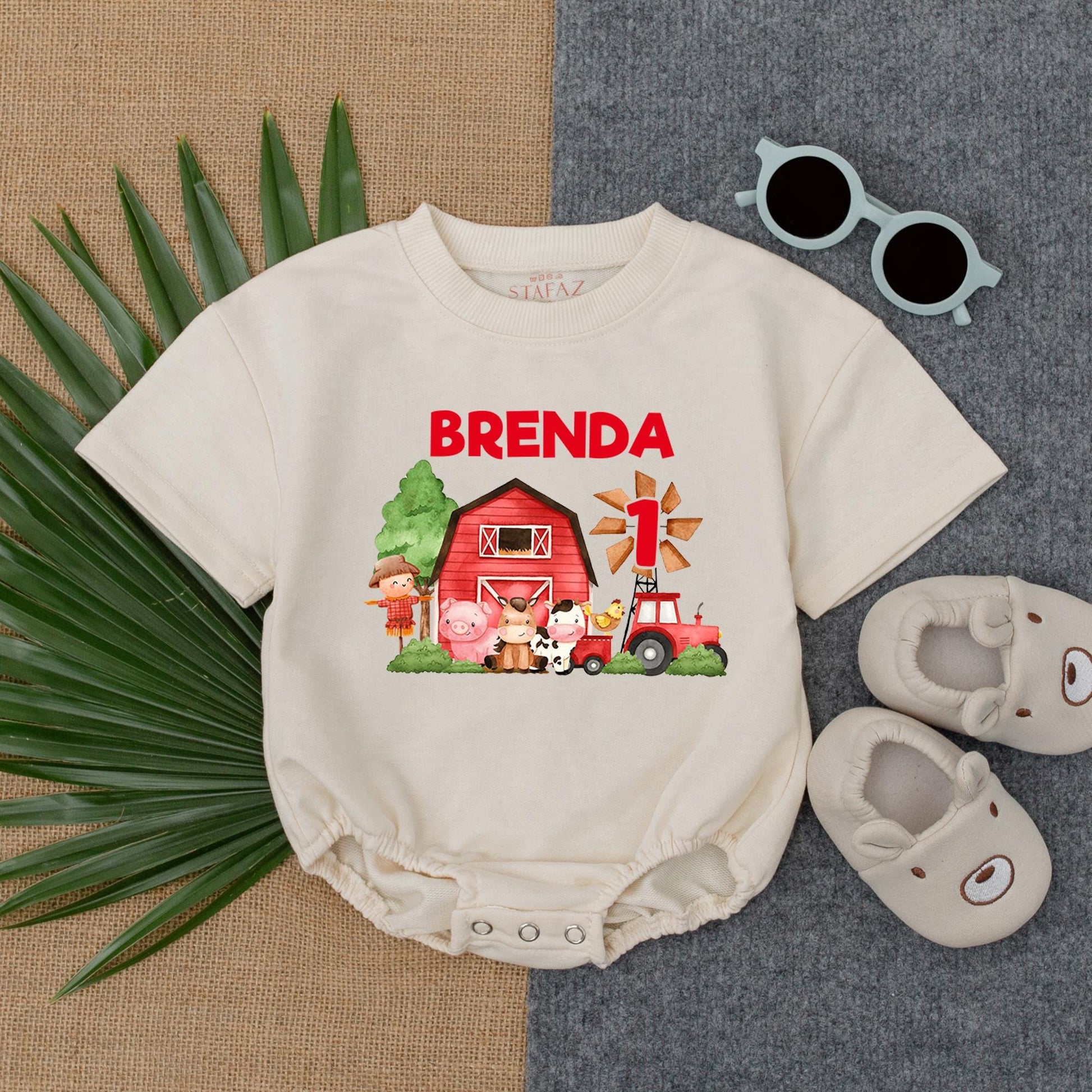Personalized Farm Theme 1st Birthday Bubble Romper for Baby Boy with Name, Funny Farm Animal T-Shirt Bodysuit Soft Cotton Gift