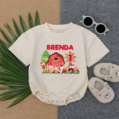 Personalized Farm Theme 1st Birthday Bubble Romper for Baby Boy with Name, Funny Farm Animal T-Shirt Bodysuit Soft Cotton Gift