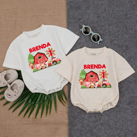Personalized Farm Theme 1st Birthday Bubble Romper for Baby Boy with Name, Funny Farm Animal T-Shirt Bodysuit Soft Cotton Gift