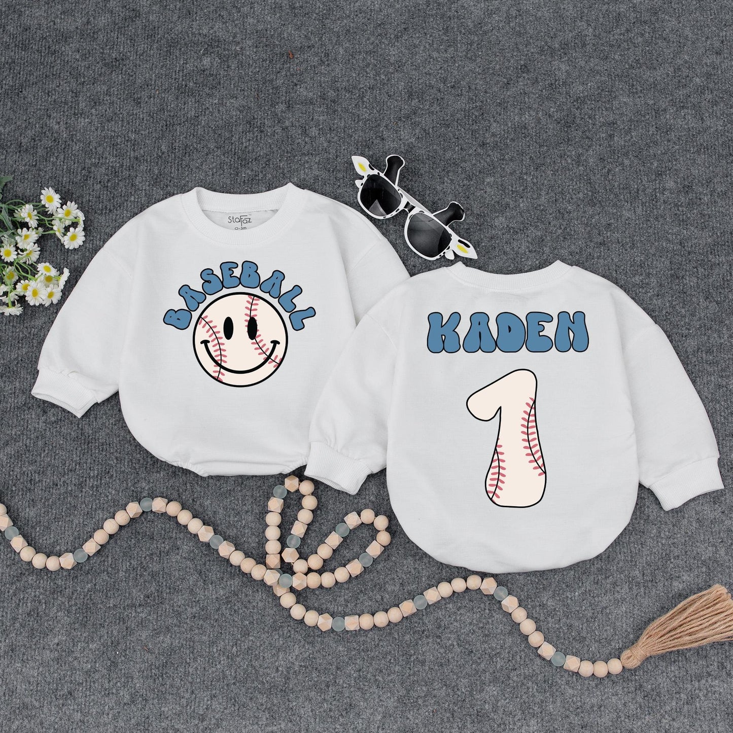 Personalized Baseball Baby Romper, Retro Game Day Outfit, Custom Kaden Number 1, Vintage Inspired Boy Clothes, First Birthday Shower Gift 135 char