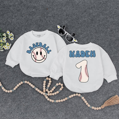 Personalized Baseball Baby Romper, Retro Game Day Outfit, Custom Kaden Number 1, Vintage Inspired Boy Clothes, First Birthday Shower Gift 135 char