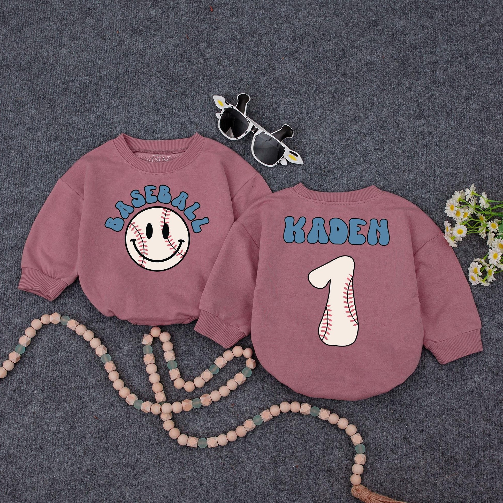 Personalized Baseball Baby Romper, Retro Game Day Outfit, Custom Kaden Number 1, Vintage Inspired Boy Clothes, First Birthday Shower Gift 135 char