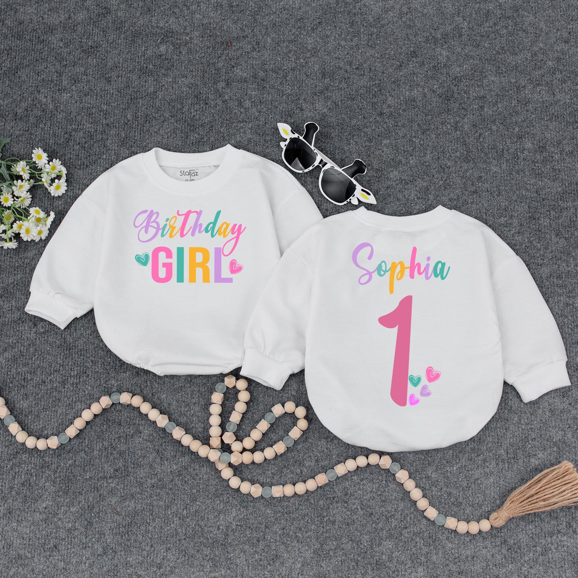 Personalized Birthday Girl Romper Set Sophia One Rainbow First Birthday Outfit Retro Style Baby Girl Clothes Custom Name 1st Birthday Outfit Gift Idea