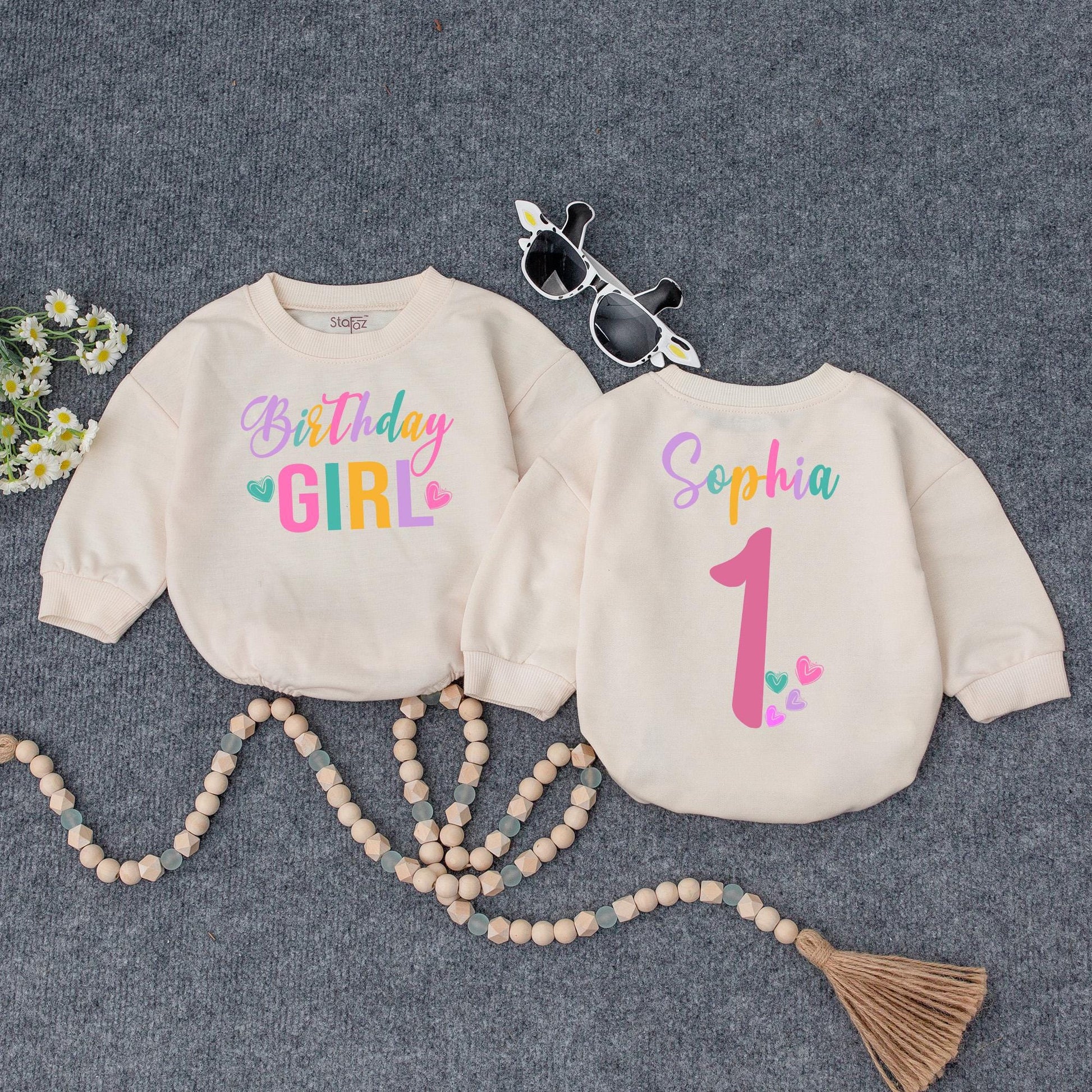 Personalized Birthday Girl Romper Set Sophia One Rainbow First Birthday Outfit Retro Style Baby Girl Clothes Custom Name 1st Birthday Outfit Gift Idea
