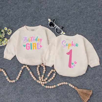 Personalized Birthday Girl Romper Set Sophia One Rainbow First Birthday Outfit Retro Style Baby Girl Clothes Custom Name 1st Birthday Outfit Gift Idea