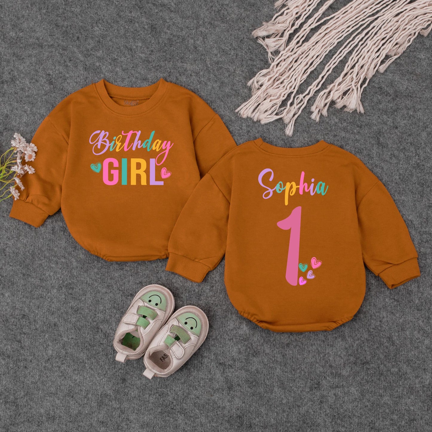 Personalized Birthday Girl Romper Set Sophia One Rainbow First Birthday Outfit Retro Style Baby Girl Clothes Custom Name 1st Birthday Outfit Gift Idea