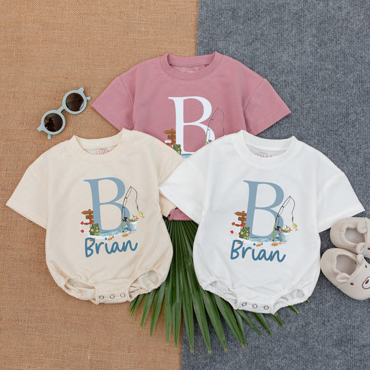 Personalized Watercolor Fishing Romper Baby Boy Outfit Little Fisherman Summer Bubble Romper Custom Name Toddler Gift