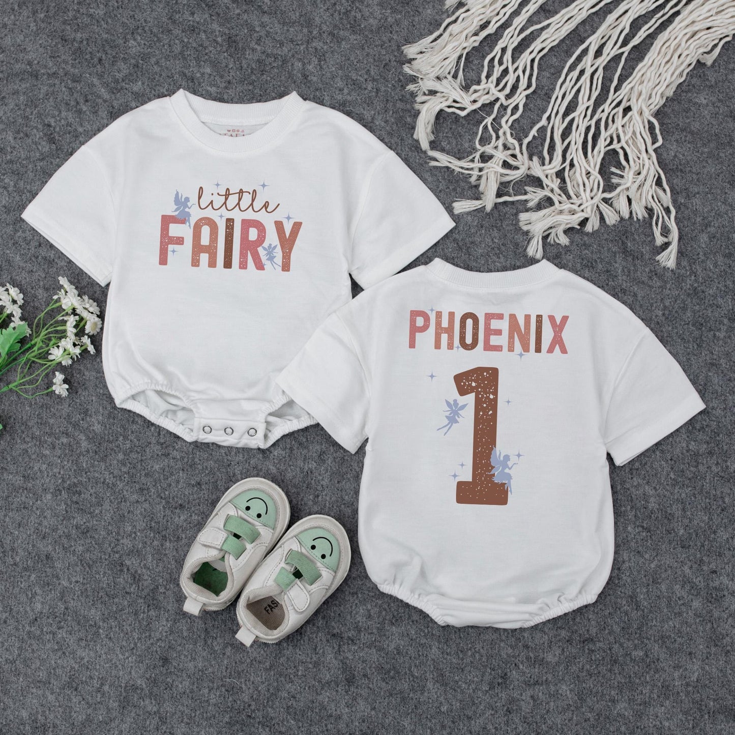 Retro Fairy Birthday Romper for Baby Girl Little Fairy Vintage Design Soft Pink Brown Blue Personalized First Birthday Outfit