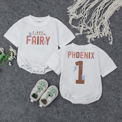 Retro Fairy Birthday Romper for Baby Girl Little Fairy Vintage Design Soft Pink Brown Blue Personalized First Birthday Outfit