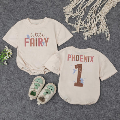 Retro Fairy Birthday Romper for Baby Girl Little Fairy Vintage Design Soft Pink Brown Blue Personalized First Birthday Outfit