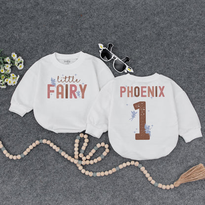 Retro Fairy Birthday Romper for Baby Girl Little Fairy Vintage Design Soft Pink Brown Blue Personalized First Birthday Outfit
