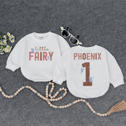 Retro Fairy Birthday Romper for Baby Girl Little Fairy Vintage Design Soft Pink Brown Blue Personalized First Birthday Outfit