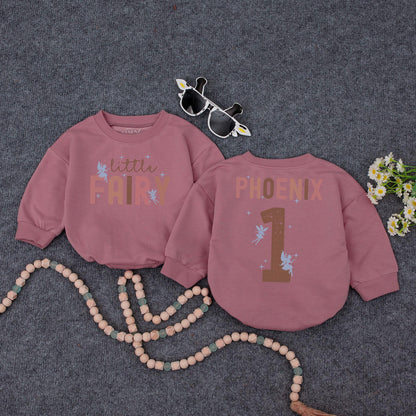 Retro Fairy Birthday Romper for Baby Girl Little Fairy Vintage Design Soft Pink Brown Blue Personalized First Birthday Outfit