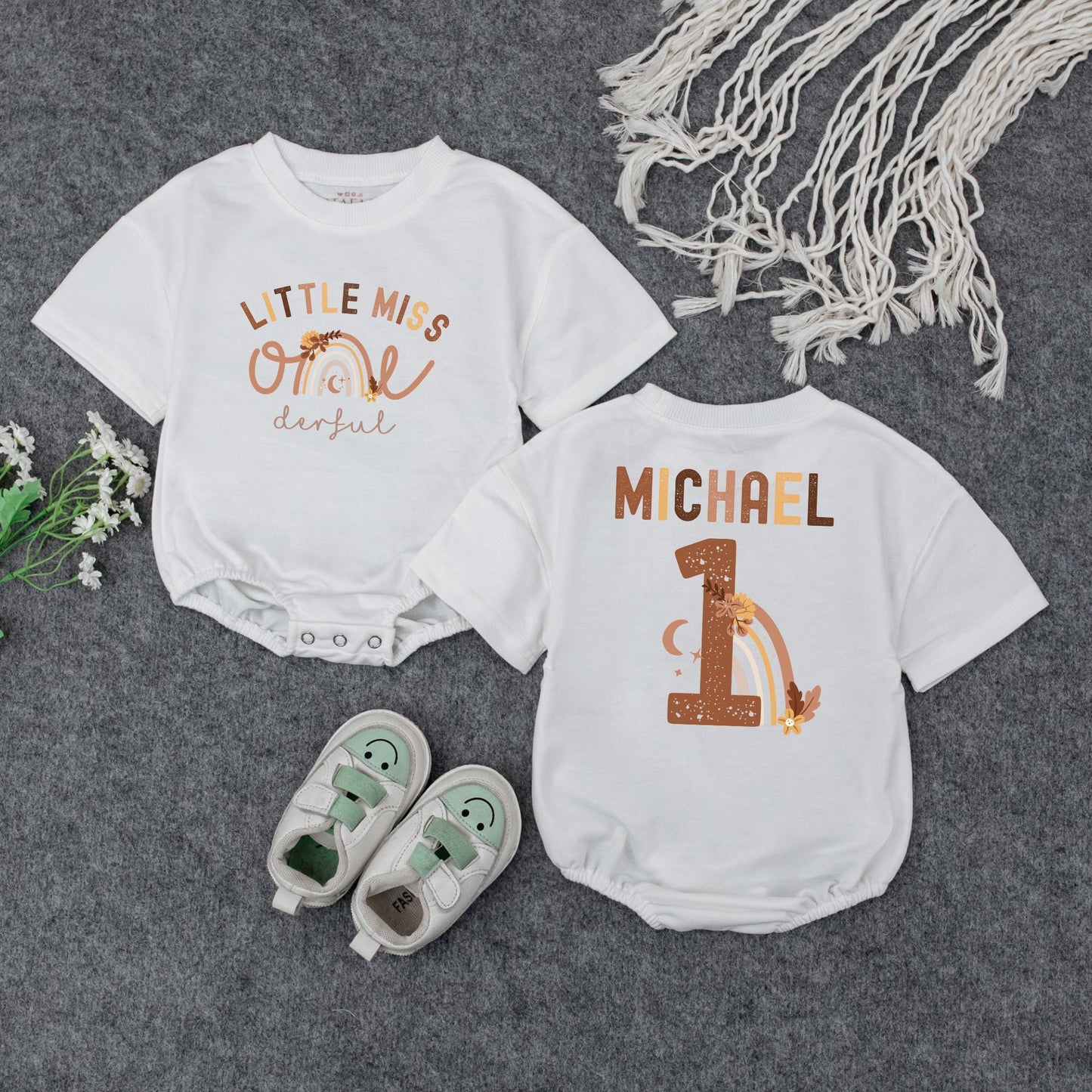 Little Miss One-derful Baby Romper First Birthday Outfit Rainbow Floral Design Custom Gift for Girl One Year Old, Soft & Comfy Cotton Bodysuit