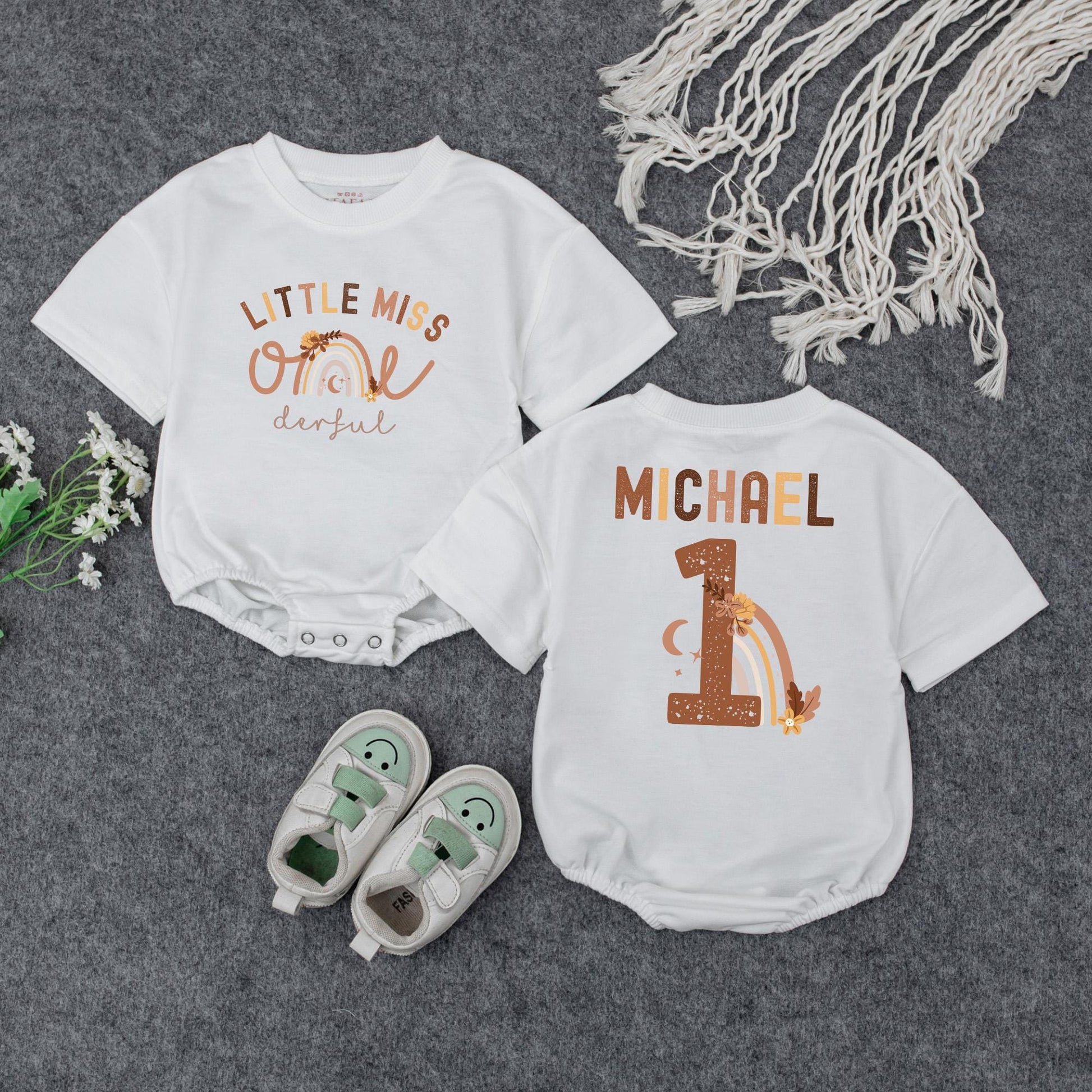Little Miss One-derful Baby Romper First Birthday Outfit Rainbow Floral Design Custom Gift for Girl One Year Old, Soft & Comfy Cotton Bodysuit