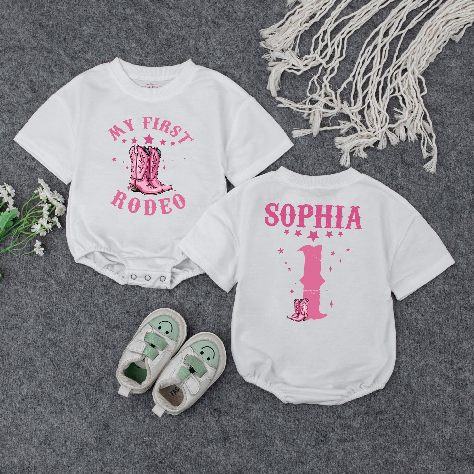 Custom First Rodeo Cowgirl Bubble Romper Pink Stars Cowboy Boots Birthday Outfit Baby Girl Clothes Retro Western