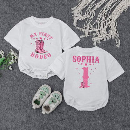 Custom First Rodeo Cowgirl Bubble Romper Pink Stars Cowboy Boots Birthday Outfit Baby Girl Clothes Retro Western
