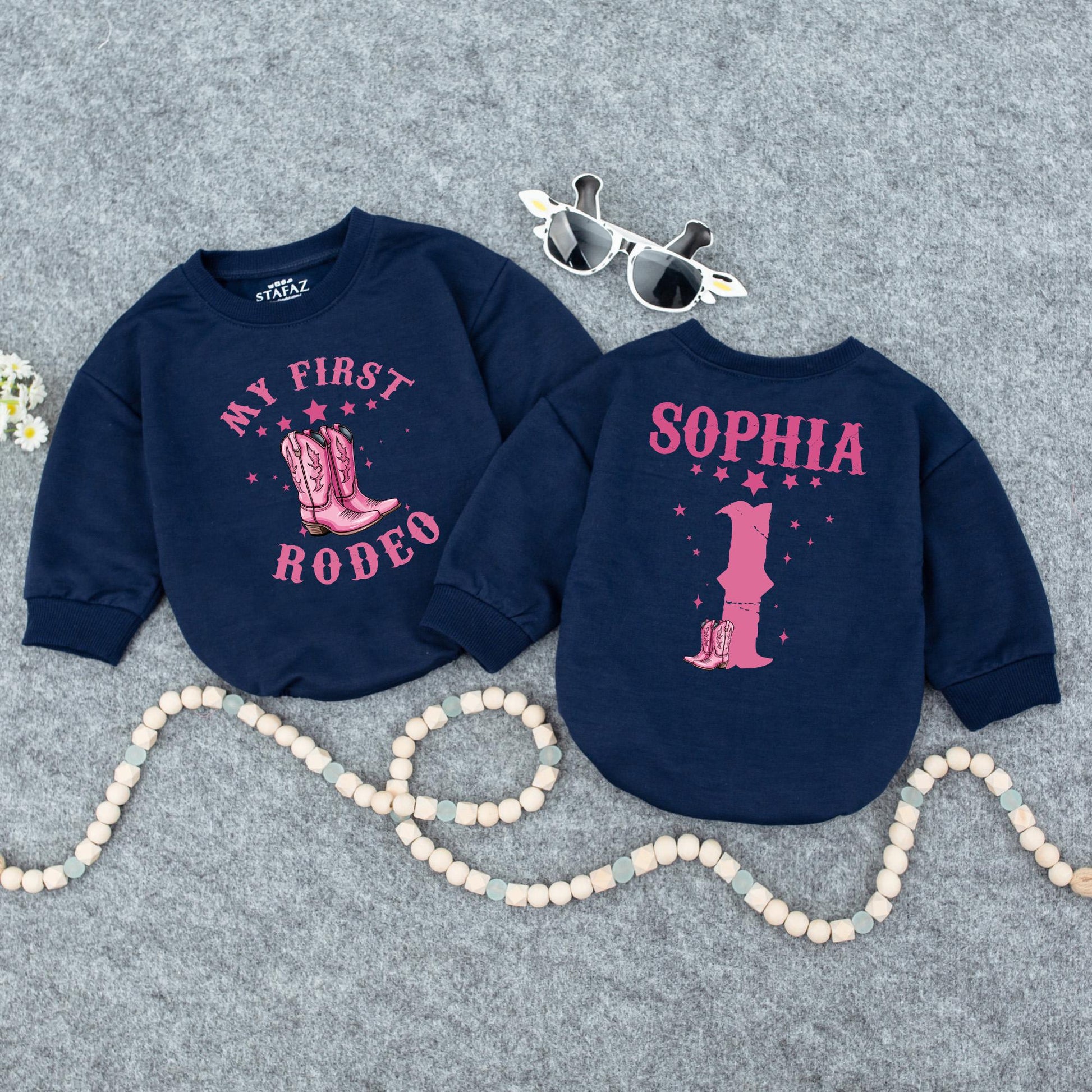 Custom First Rodeo Cowgirl Bubble Romper Pink Stars Cowboy Boots Birthday Outfit Baby Girl Clothes Retro Western