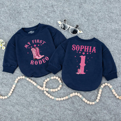 Custom First Rodeo Cowgirl Bubble Romper Pink Stars Cowboy Boots Birthday Outfit Baby Girl Clothes Retro Western