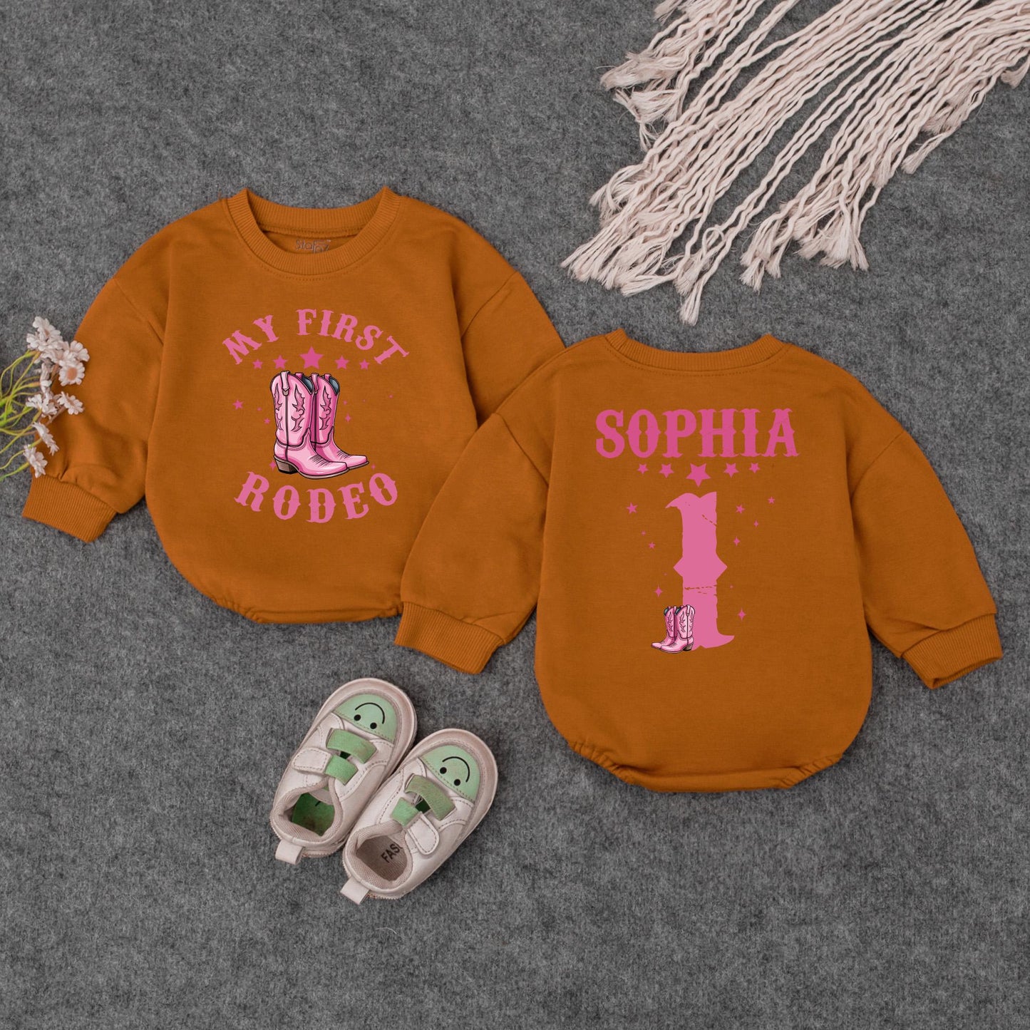 Custom First Rodeo Cowgirl Bubble Romper Pink Stars Cowboy Boots Birthday Outfit Baby Girl Clothes Retro Western