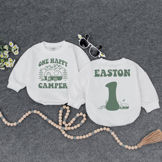 Personalized One Happy Camper Baby Romper Retro Rainbow First Birthday Outfit Adventure Baby Shower Gift Camping Theme