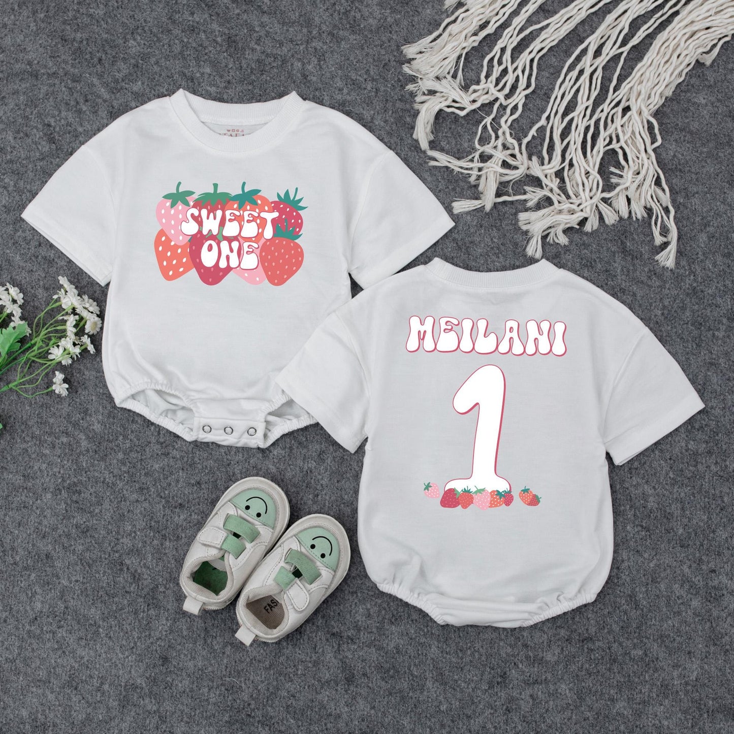 Sweet One Strawberry Birthday Romper for Baby Girl First Birthday Outfit Bubble Romper Adorable Berry Party Theme