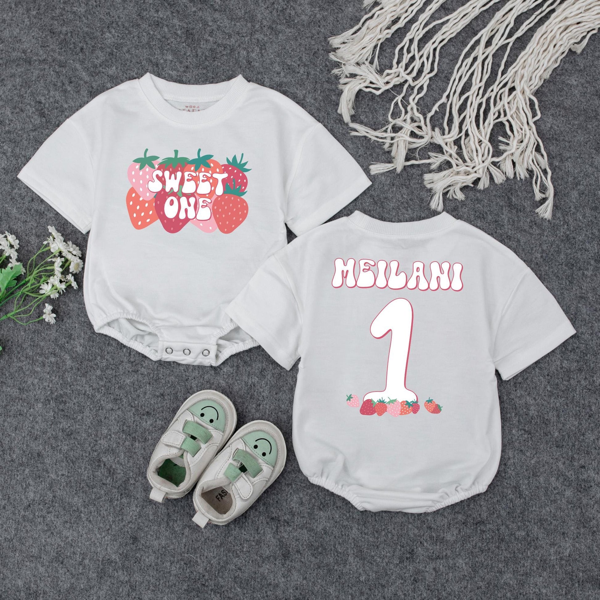 Sweet One Strawberry Birthday Romper for Baby Girl First Birthday Outfit Bubble Romper Adorable Berry Party Theme