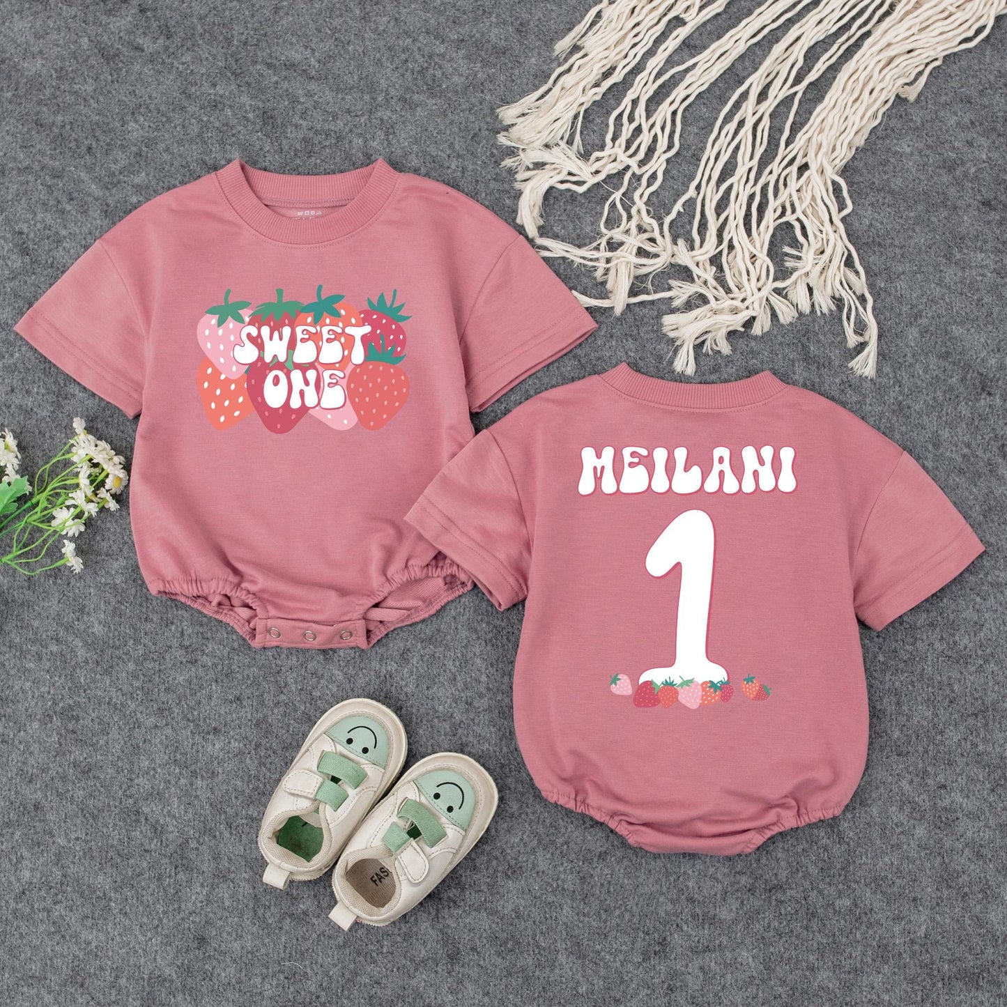 Sweet One Strawberry Birthday Romper for Baby Girl First Birthday Outfit Bubble Romper Adorable Berry Party Theme