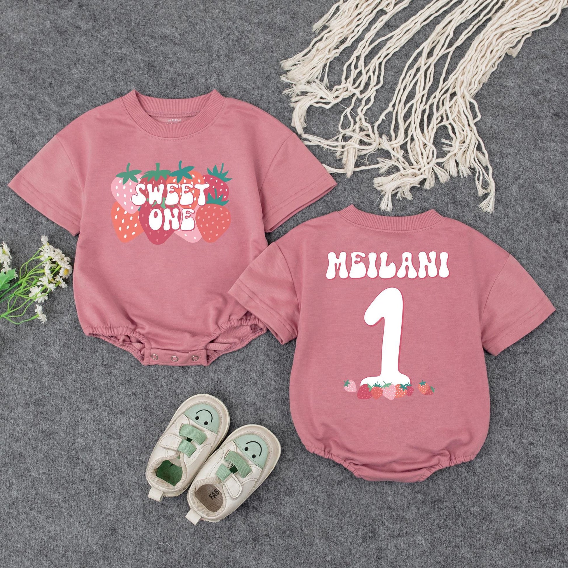 Sweet One Strawberry Birthday Romper for Baby Girl First Birthday Outfit Bubble Romper Adorable Berry Party Theme