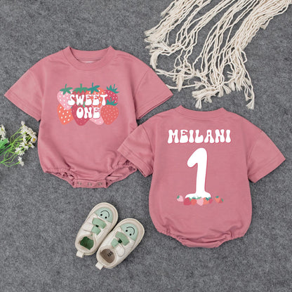 Sweet One Strawberry Birthday Romper for Baby Girl First Birthday Outfit Bubble Romper Adorable Berry Party Theme