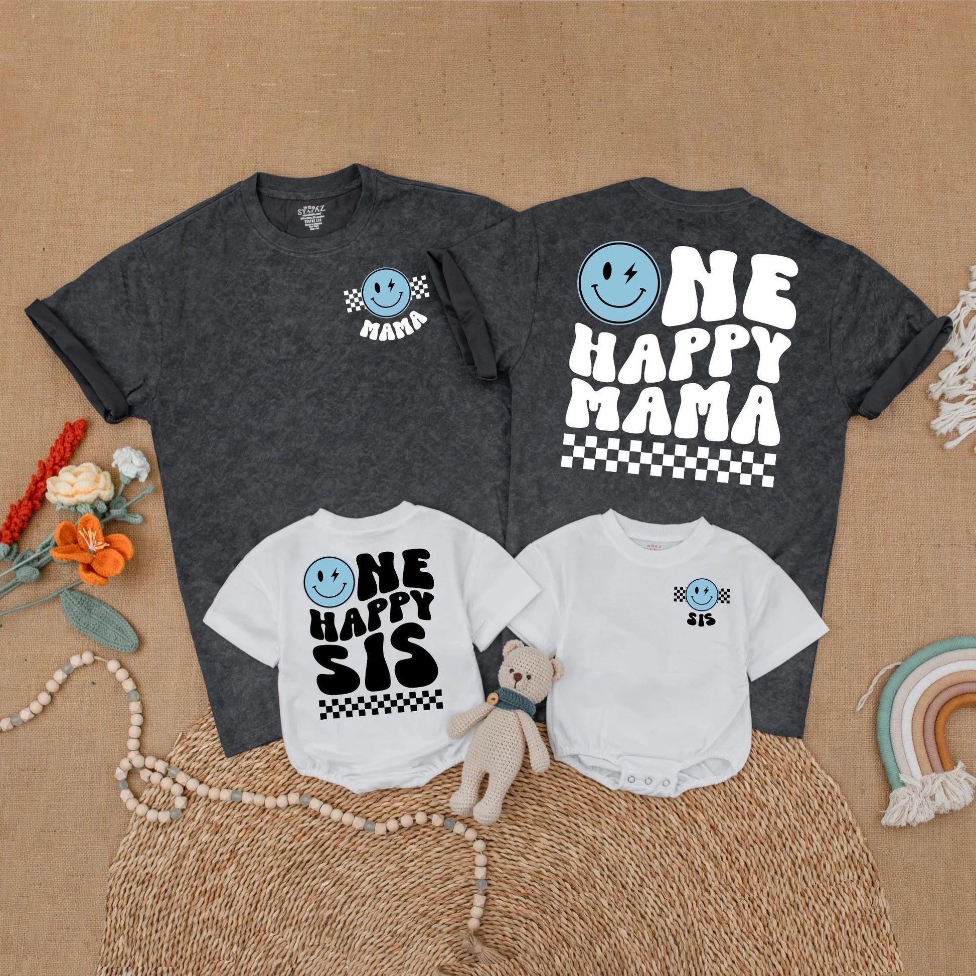 Blue One Happy Dude Birthday Matching Family Shirt Smiley Face First Birthday Outfit Toddler Boy Gift