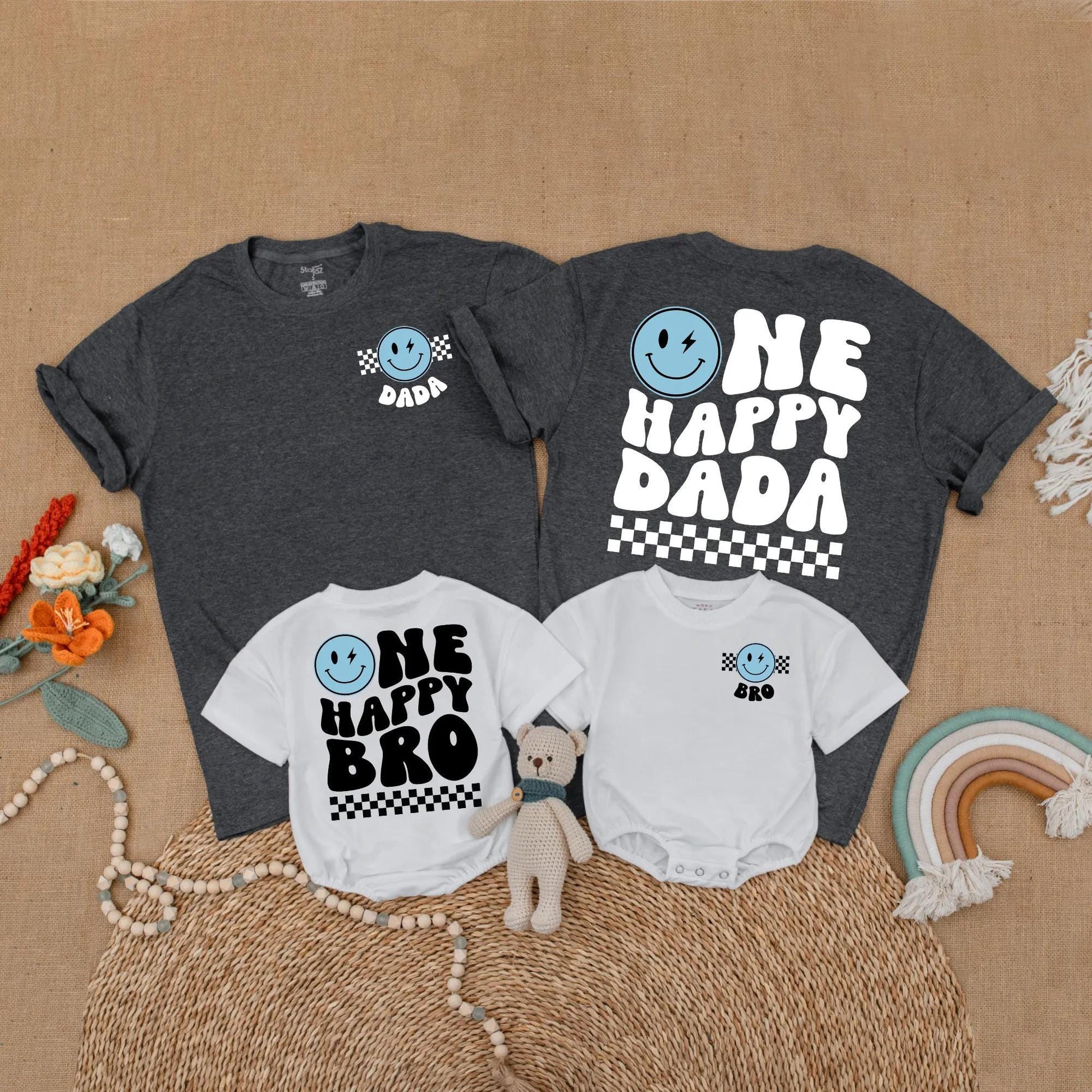 Blue One Happy Dude Birthday Matching Family Shirt Smiley Face First Birthday Outfit Toddler Boy Gift