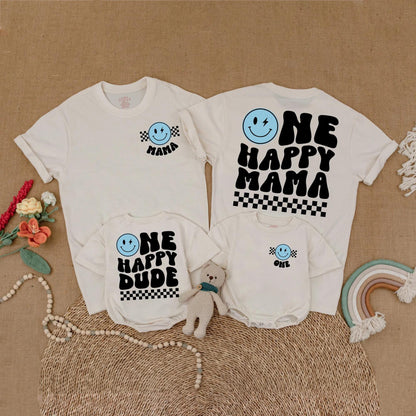 Blue One Happy Dude Birthday Matching Family Shirt Smiley Face First Birthday Outfit Toddler Boy Gift