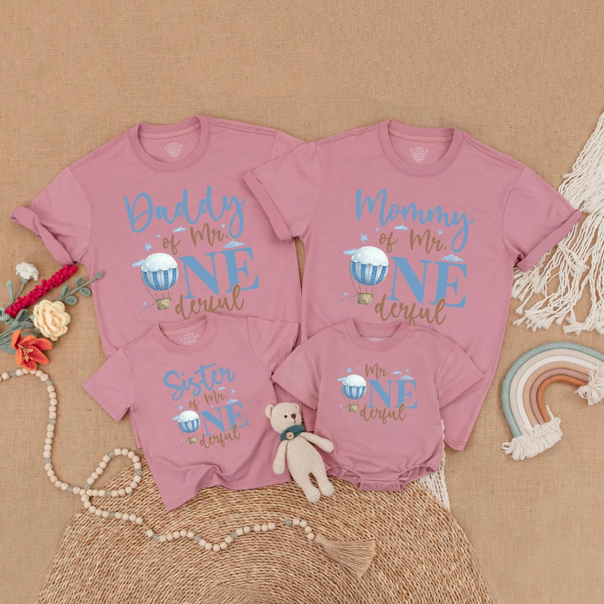 Mr Onederful Hot Air Balloon Birthday Matching Family Shirts, Mommy & Daddy Baby Boy 1st Birthday Outfit, Family Party Cotton Gift