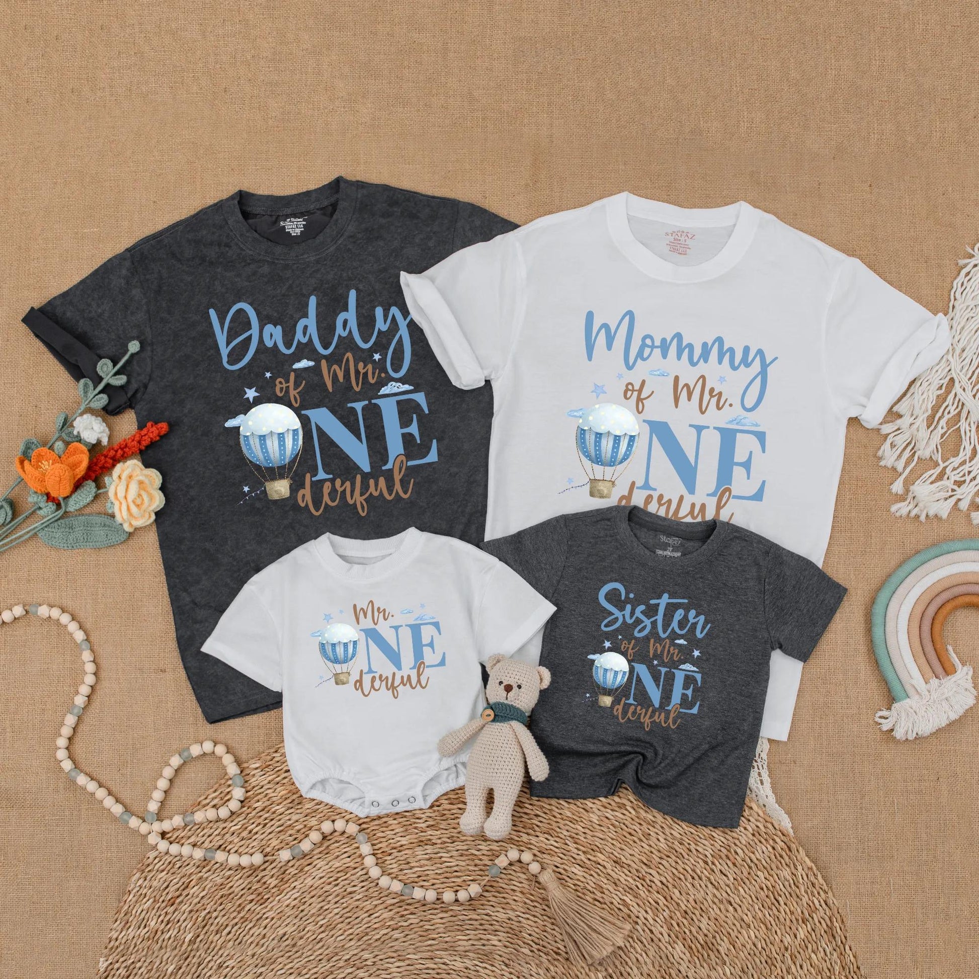 Mr Onederful Hot Air Balloon Birthday Matching Family Shirts, Mommy & Daddy Baby Boy 1st Birthday Outfit, Family Party Cotton Gift