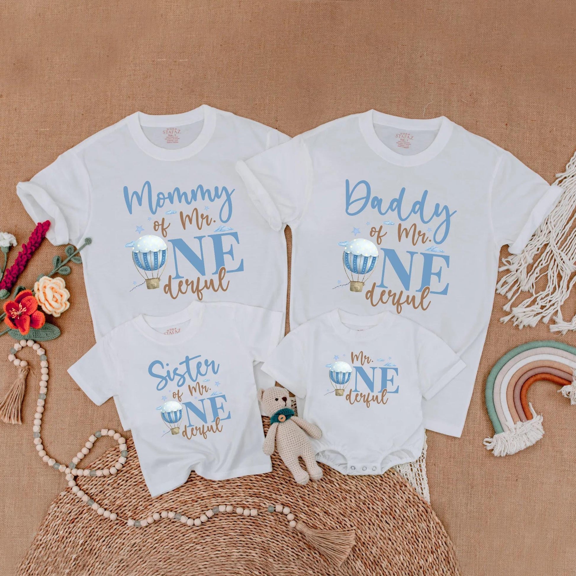 Mr Onederful Hot Air Balloon Birthday Matching Family Shirts, Mommy & Daddy Baby Boy 1st Birthday Outfit, Family Party Cotton Gift