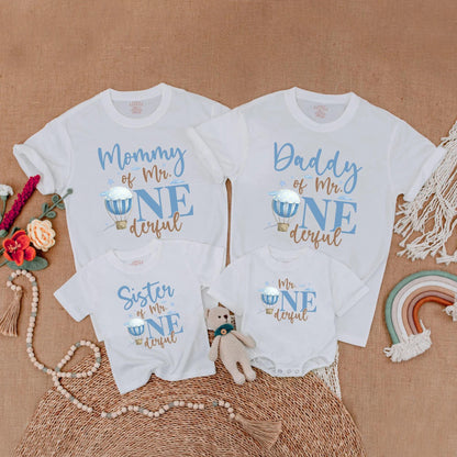Mr Onederful Hot Air Balloon Birthday Matching Family Shirts, Mommy & Daddy Baby Boy 1st Birthday Outfit, Family Party Cotton Gift