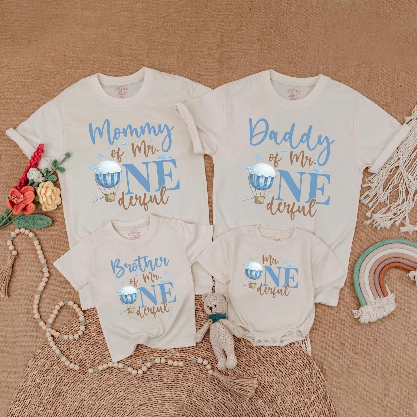 Mr Onederful Hot Air Balloon Birthday Matching Family Shirts, Mommy & Daddy Baby Boy 1st Birthday Outfit, Family Party Cotton Gift