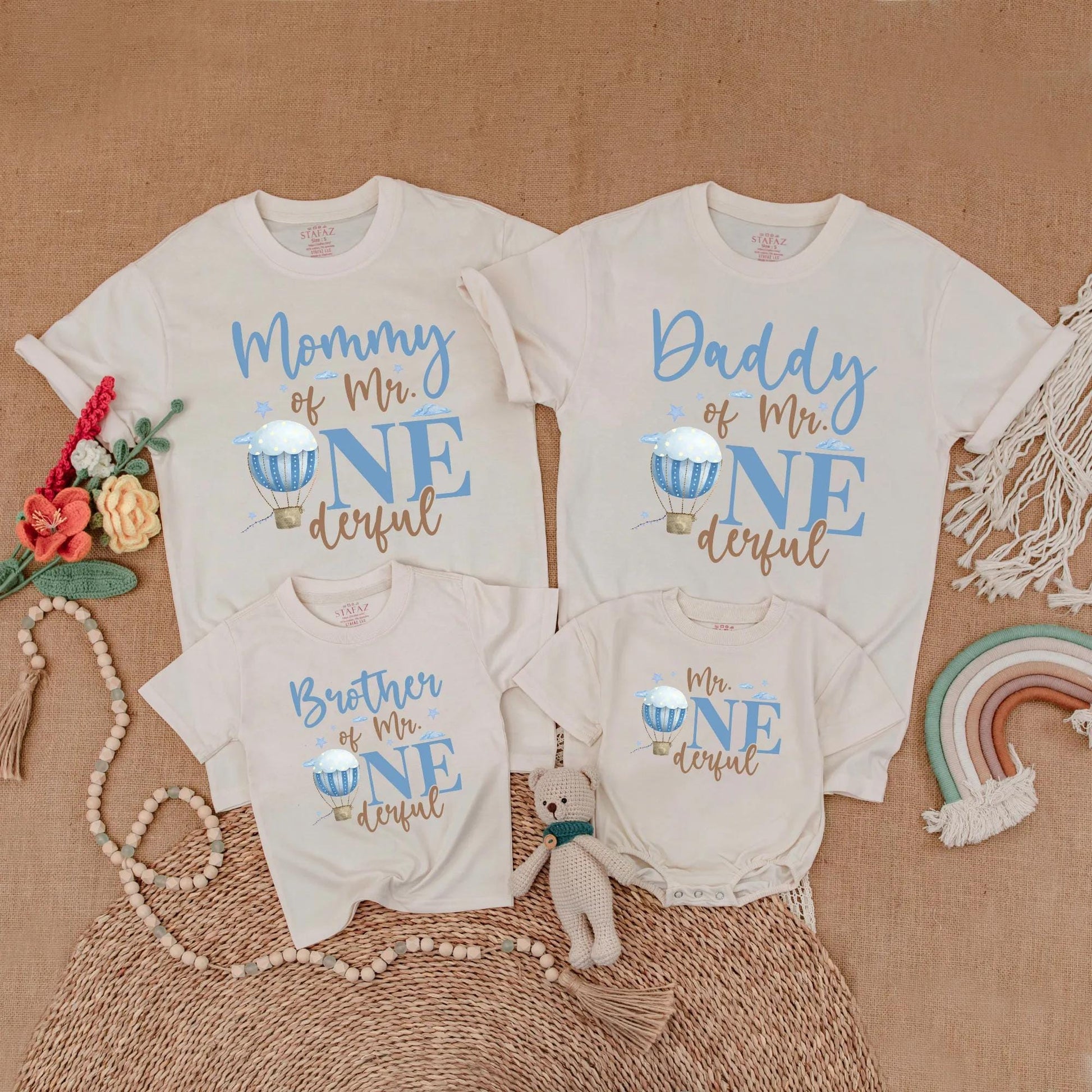 Mr Onederful Hot Air Balloon Birthday Matching Family Shirts, Mommy & Daddy Baby Boy 1st Birthday Outfit, Family Party Cotton Gift