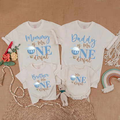 Mr Onederful Hot Air Balloon Birthday Matching Family Shirts, Mommy & Daddy Baby Boy 1st Birthday Outfit, Family Party Cotton Gift