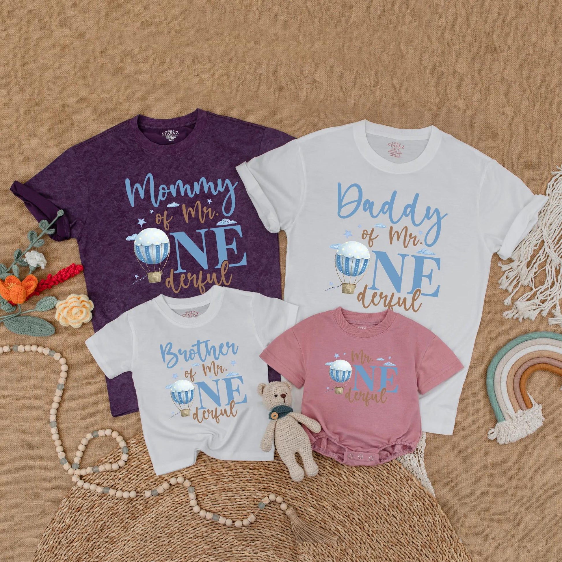 Mr Onederful Hot Air Balloon Birthday Matching Family Shirts, Mommy & Daddy Baby Boy 1st Birthday Outfit, Family Party Cotton Gift