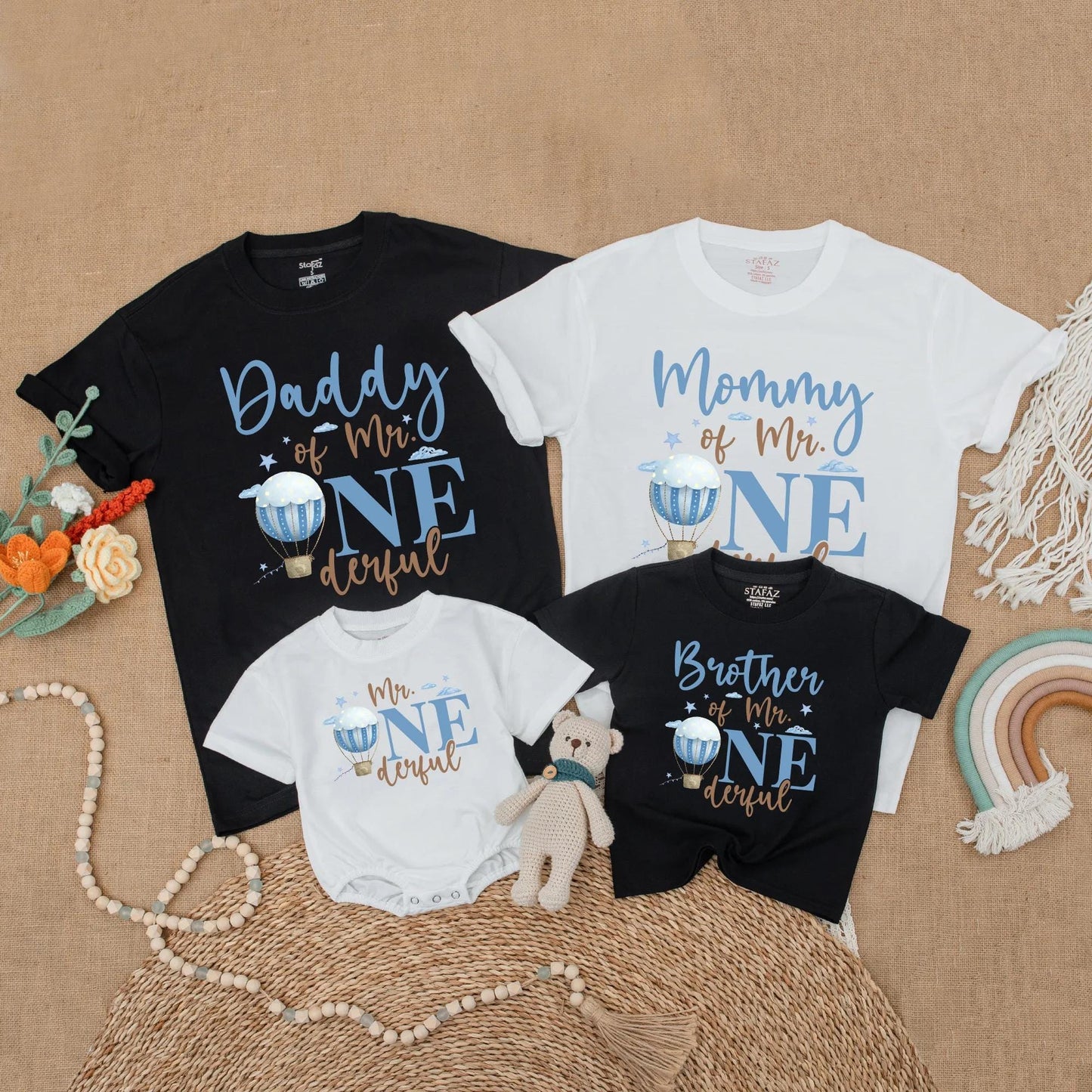 Mr Onederful Hot Air Balloon Birthday Matching Family Shirts, Mommy & Daddy Baby Boy 1st Birthday Outfit, Family Party Cotton Gift