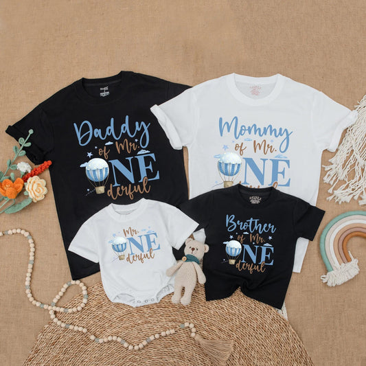 Mr Onederful Hot Air Balloon Birthday Matching Family Shirts, Mommy & Daddy Baby Boy 1st Birthday Outfit, Family Party Cotton Gift